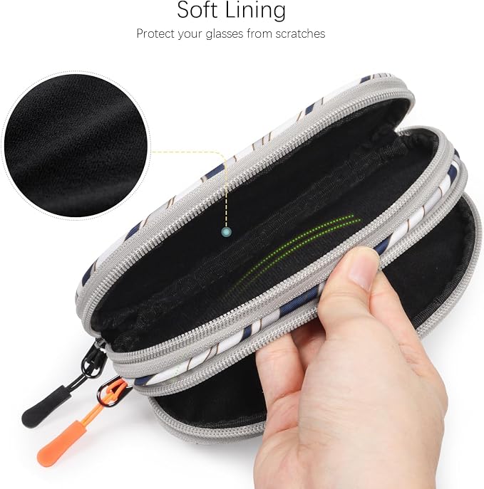 Double Eyeglasses Case Soft Portable Zipper Sunglasses Pouch with Keychain Clip for Men Women