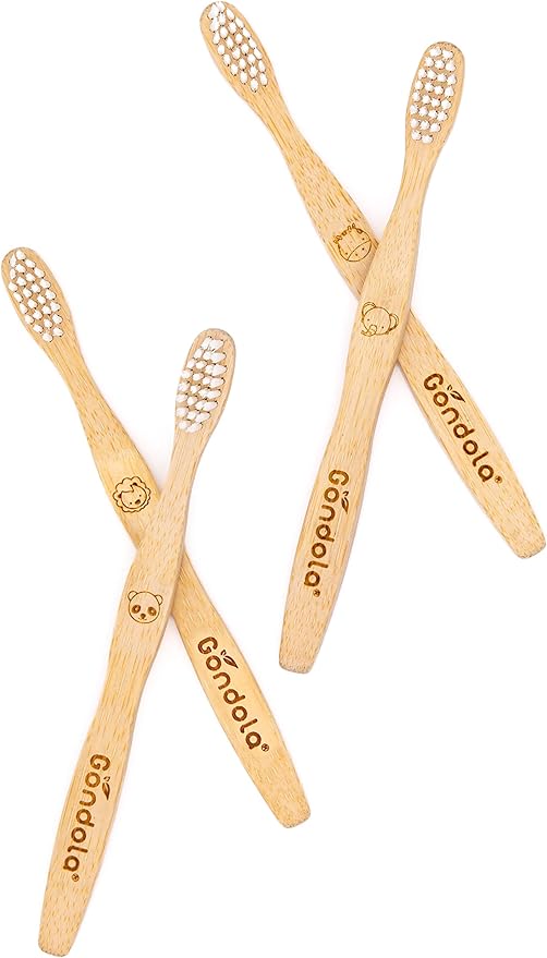 Gondola Kids Bamboo Toothbrush - 4 Pack Soft Bristles Toothbrush with Wooden Handle - Manual Toothbrushes for Boys & Girls - Christmas Stocking Stuffers Idea