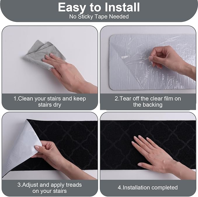 7 PCS Non Slip Stair Treads for Wooden Steps – 8"x30" Indoor Non Slip Stair Treads, Carpet Stair Mats with Self-Adhesive Backing, Removable & Machine Washable – Dark Grey Pattern