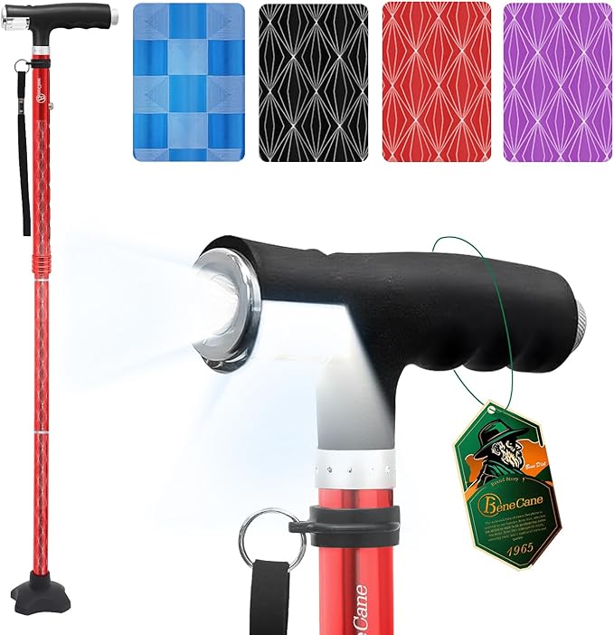 BeneCane Walking Cane for Women Folding Cane for Men with Two Led Lights Quad Cane with Stable Base Lightweight and Adjustable Walking Stick