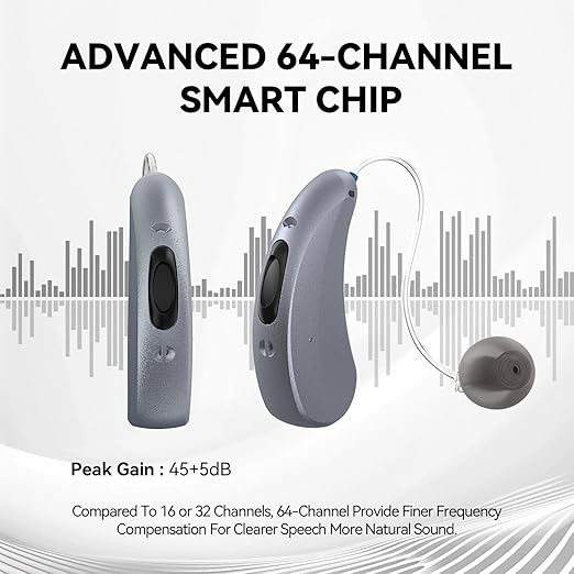 METIKO-Elclear 64-Channel Hearing Aids with AI Noise Cancellation, APP-Control, Rechargeable OTC Hearing Aid Ultralight Invisible for Seniors Adults, Silver