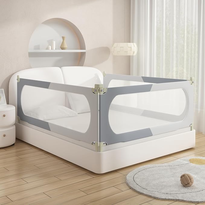 Bed Rail for Toddlers Queen Mattress Size Swing Down Side Rail Guard Rail for Kids (Gray and White, Full)