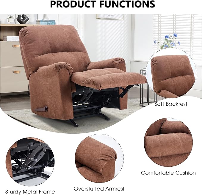 Rocker Recliner Chair for Adults,Manual Recliner Chair with Overstuffed Backrest and Armrests, Soft Fabric Manual Rocking Reclining Sofa for Living Room, Brown