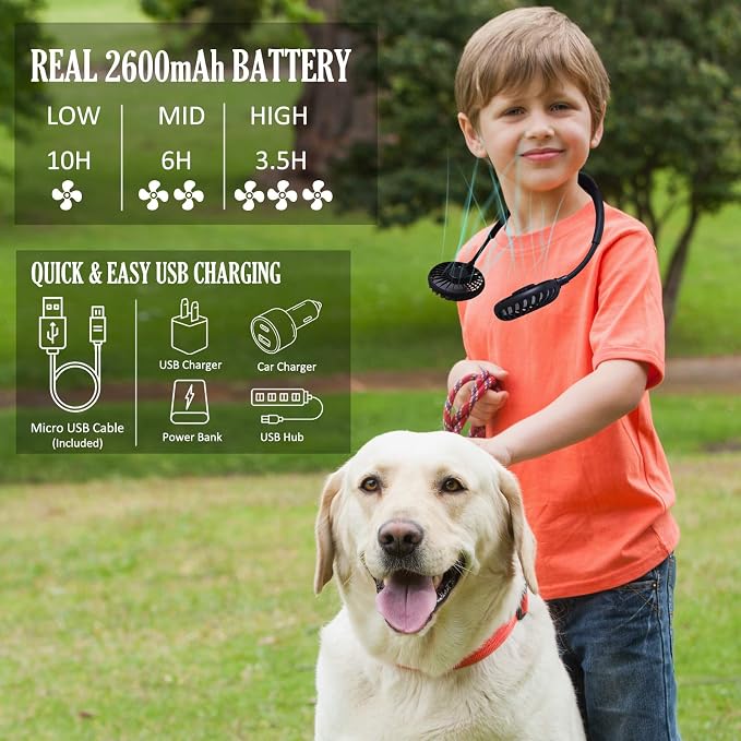 YALTOON Neck Fan - 2600mAh Battery Operated Hands Free Fan, Portable Hang Around Neck Fans for Fishing, Camping, Hiking, Working, USB Powered, Over 12 Hours Cooling