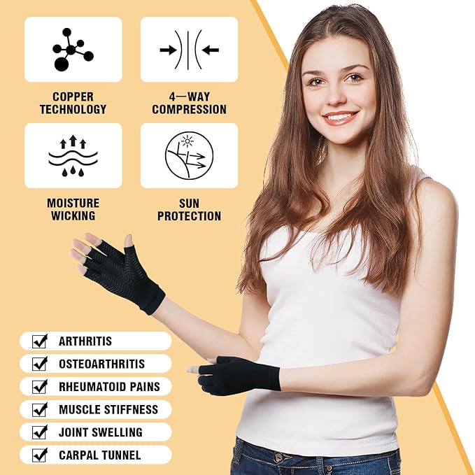 2 Pairs Copper Arthritis Gloves for Carpal Tunnel Pain Relief, Compression Gloves to Alleviate Hand Pain,Swelling,Fingerless Typing Gloves for Rheumatoid,Tendonitis for Women&Men (Medium)