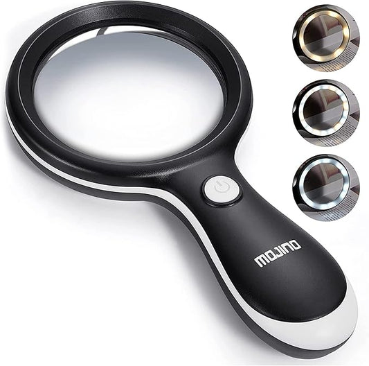 10X Lighted Large Handheld Reading Magnifier Glasses | 18 LED Lights for Macular Degeneration, Seniors & Kids Reading, Inspection, Coins, Jewelry, Exploring