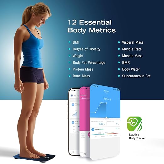 Nautica Smart Scale for Body Weight – BMI, Body Fat, Muscle Mass – 12 Metrics, Bluetooth App, ITO Technology, Hidden LED Display, 440lb Capacity – Body Tracker