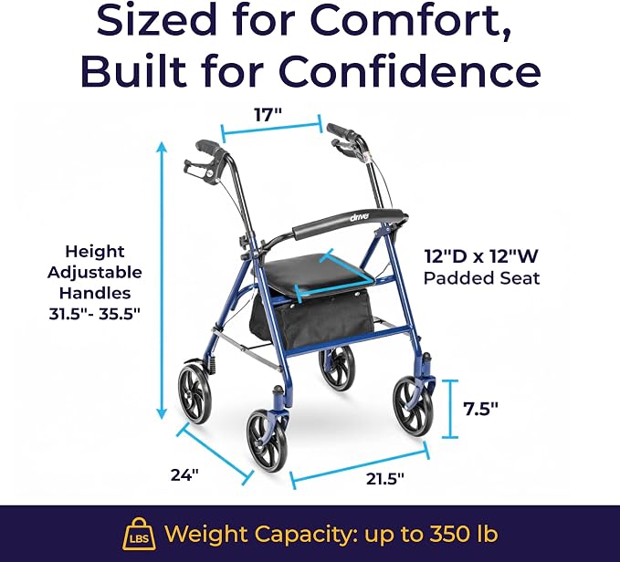 Drive Medical Rollator Walker with Seat, 7.5 Inch Wheels, Blue | Rollator Walker Offers Stable, Height Adjustable Mobility Support with Durable Steel Frame and Wheels