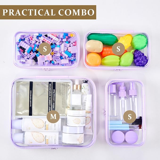 4 pcs Clear Zipper Pouches,Hard Shell Zipper Case, Toiletry Bag for Travel | CLear Diaper Bag, Toiletry Pouch, Travel Organizer, Cosmetic Bag,Toy Storage Bins (M+3S) (Lavender)