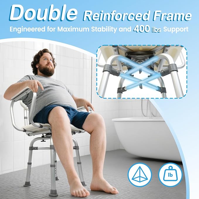 360° Swivel Shower Chair for Inside Tub, Shower Chair for Elderly and Disabled, 300lbs Heavy Duty Shower Seat with Adjustable Arms and Back, Bath Stool for Adults Senior Fits Bathroom Bathtub