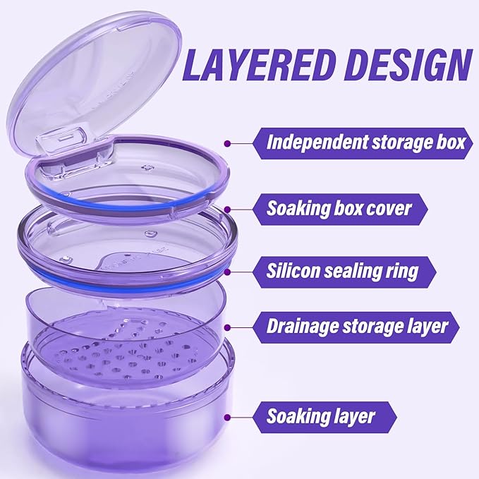 Denture Case, 2PCS Retainer Case with Strainer Basket, 2 in 1 Denture Bath Case No-Leak Retainer Cleaner Case, Retainer Holder for Travel, Mouth Guard Case for Dentures, Clear Braces, Night Guard