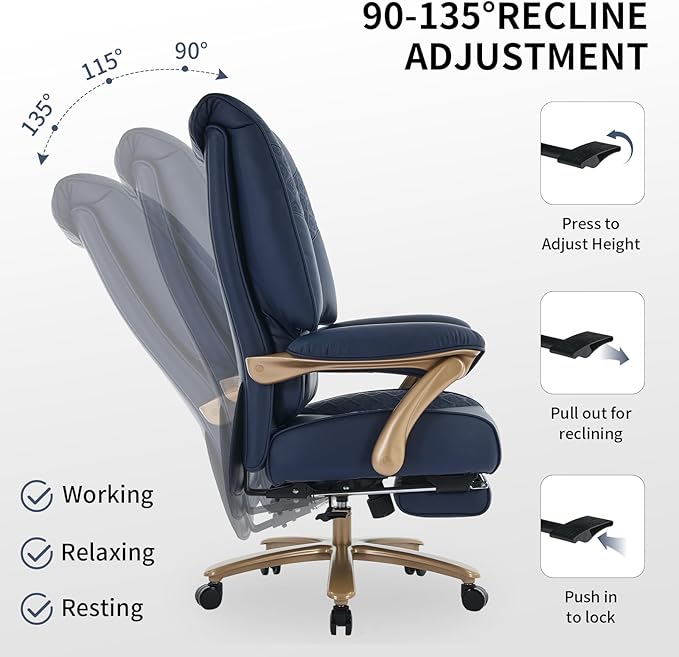 Big and Tall Executive Office Chair with Footrest, 400LBS Capacity Ergonomic High-Back Desk Office Chair with Lumbar Support, Padded Armrests & Thick Cushion, Blue PU Leather Chairs