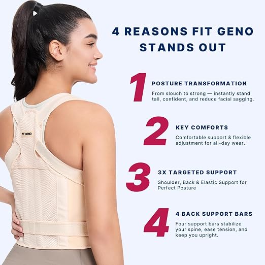 Fit Geno Back Brace Posture Corrector for Women and Men, Shoulder Straightener, Adjustable Full Back Support, Upper and Lower Back Pain Relief - Scoliosis, Hunchback, Thoracic, Spine Corrector (S)