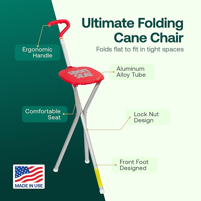 Sport Seat from Alex Orthopedic Walking Cane with Portable Seat for Sitting Anywhere - Ultra Light Support, Sitting and Travel for Seniors and Adults - Made in USA