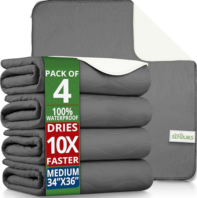 Bed Pads Washable Waterproof 34"x36"- Pack of 4 Grey Incontinence Bed Pads | Washable Pee Pads for Adults - Dementia Products for Elderly & Elderly Assistance Products - Reusable Pee Pads Dogs & Kids