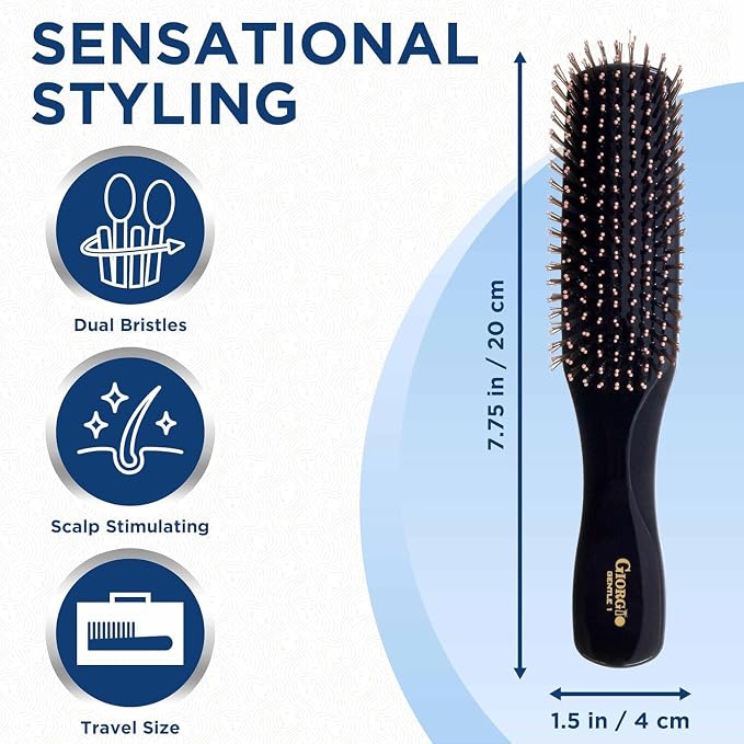Giorgio Gentle Black Full Size Hair Brush – 7.75 Inch, Men, Women & Kids, Soft Bristles for Sensitive Scalp, Detangler Brush, Scalp Massager, Wet or Dry