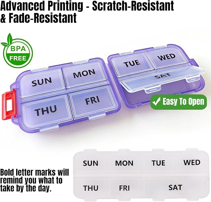 7 Day Compact Pill Organizer, Foldable Portable Travel Pill Box with Double Protection, Daily Small Pill Case Dispenser for Medication, Vitamins, Supplements (Clear Purple)