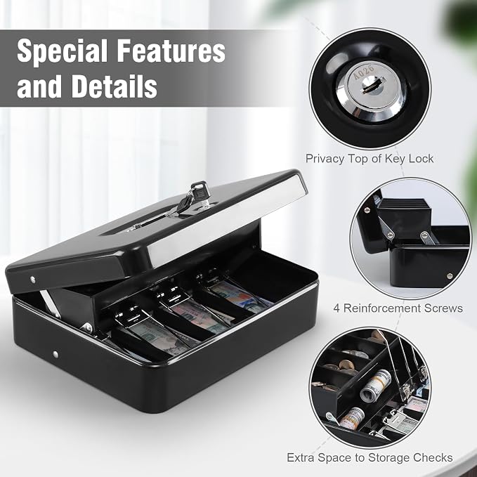 KYODOLED Cash Box with Top Key Lock–0.7mm Metal Money Box for Flea Market Vendors, Craft Fairs & Small Business, Portable Cash Drawer with Auto-Pop Coin Tray & Windproof Bill Clips (11.8", Black)