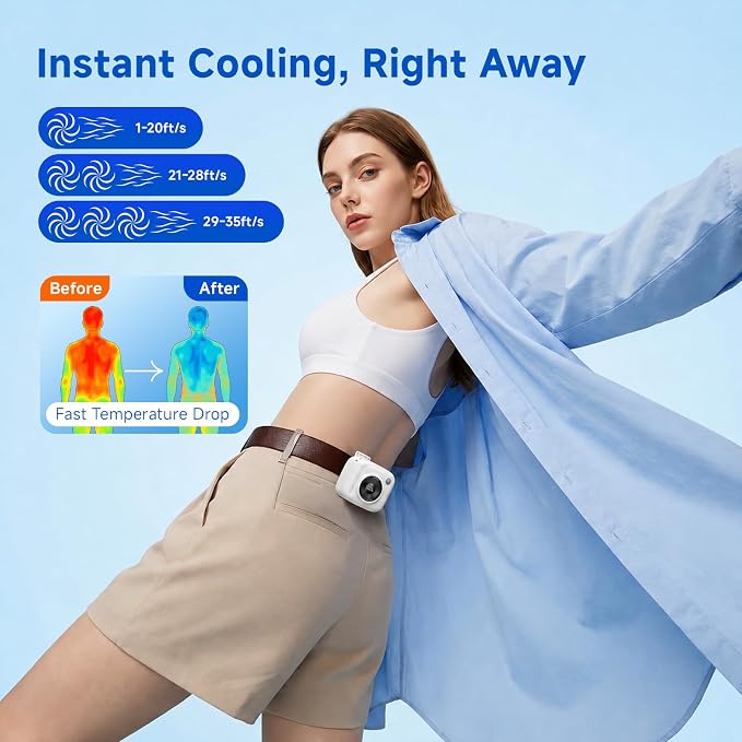 Portable Waist Fan, Rechargeable Wearable Fan w/ LED Display, 3 Speeds, 3000mAh Battery, 10H Runtime, Mini Turbo Airflow, Clip on Belt/Shirt/Hat,Travel Essentials Gift for Women,Makeup,Concert -2 PACK