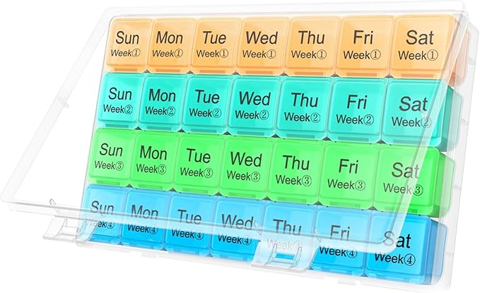 Large Monthly Pill Organizer 28 Day Case Organizerd Extra Large Compartments 4 Week Dust-Proof Pill Case Medication Reminder Portable Travel Container (Orange-Cyanblue-Green-Blue)