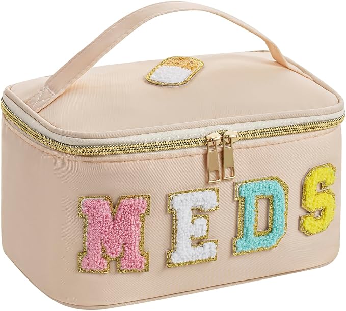 uekeboag Personalized Chenille Letter MEDS Makeup Bag, Portable Nylon Cosmetic Toiletry Storage bag with Top Handle, Transparent Meds Travel Organizer Cosmetic Bag(16Beige)