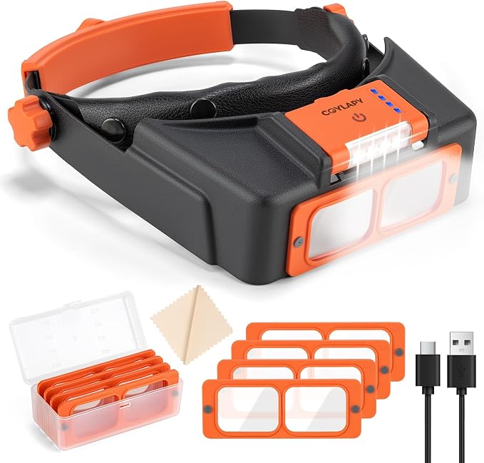 COYLAPY Headband Magnifier with Light, 1.5X-3.5X Magnifying Glasses | Rechargeable Led Light, 4 Lens (1.5x,2x,2.5x,3.5x), Ideal for Close work, Repair, Jewelry, Sewing, Beading, Crafts, Hobby