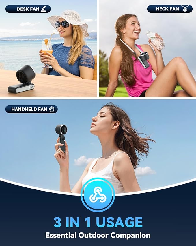 PlayHot Portable Handheld Turbo Fan, Travel Essentials, Gifts for Women/Men | 5-Speed, Up to 12H, 10m/s Airflow, USB-C Rechargeable, LED Display, 3-in-1 Foldable Personal Fan for Cruise, Beach, Vacation