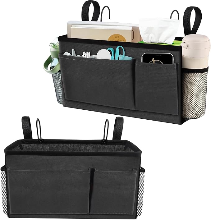 BlissTotes Bedside Caddy, Dorm Storage with Pockets, Bunk Bed Accessories | Hanging Bed Storage Organizer with Hooks, Bedside Shelf Bag, Magazine Holder for Home, College, Hospital (Dark Grey, 2 Pack)