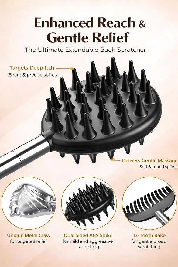 Gumry Telescoping Back Scratcher, 5 Detachable Heads, Gift for Men Black
