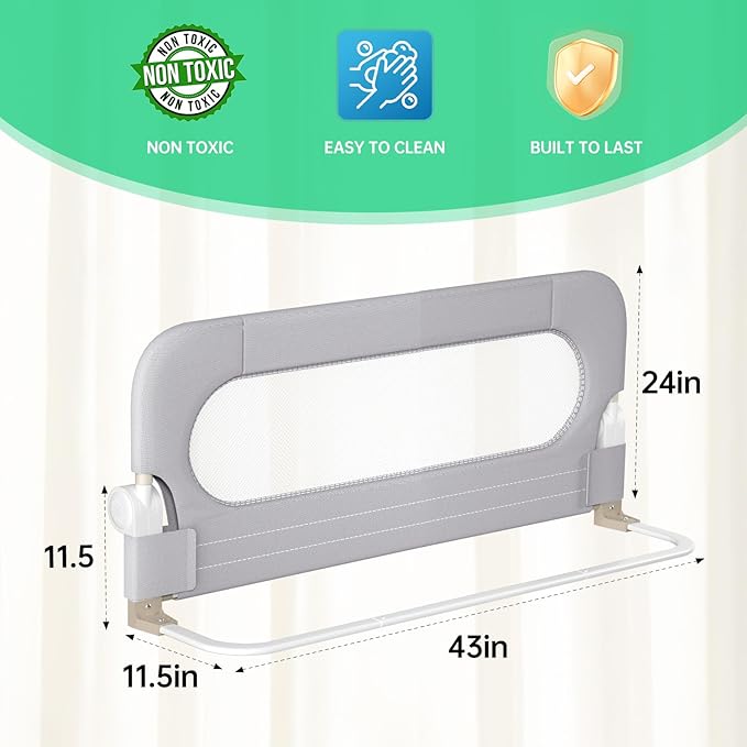 UPGOGO Folding Bed Rail for Toddlers, Grey, 43" L x 23.6" H | U-shaped base，Reinforced Anchors, Built-in Sponge , Secure lock