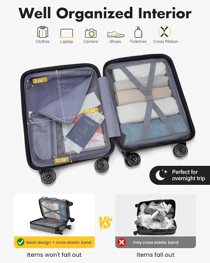 Lekesky 16 Inch Underseat Carry On Luggage Airline Approved, Small Hard Shell Suitcase with TSA Lock Spinner Wheels, Lightweight Personal Item Carry-On for Travel, Grey