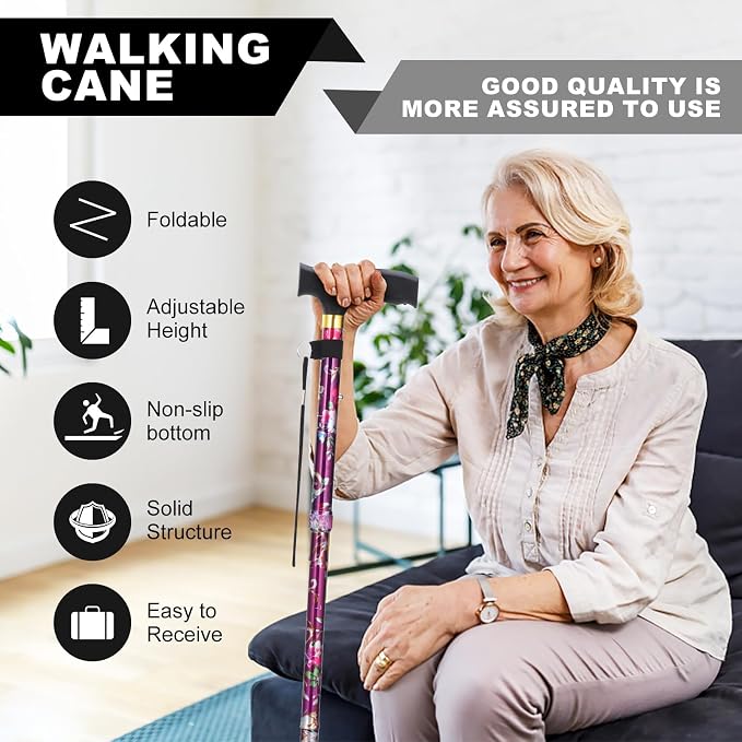 PARLORA Walking Cane for Women and Men, Collapsible, Lightweight, Sleek, Foldable Folding Cane | Walking Sticks for Seniors & Adults with Comfortable T-Handle