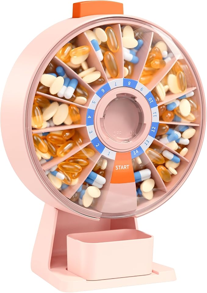 Daviky Daily Pill Dispenser, Large Capacity 14-Day Pill Organizer Box | Push Button Dispensing, Easy Open, Wall-Mounted or Standing, 14 Compartments, Senior-Friendly, for Medication & Vitamins