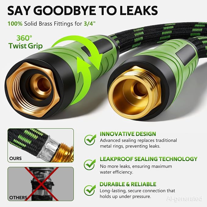 NON-EXPANDABLE Garden Hose 100 FT Water Hose with 10-Function Spray Nozzle | Yard hose Heavy Duty Steel Metal Flexible,Durable Fabric Skin,No Kinks & Leak-Proof with Upgraded Handle hose pipe outside
