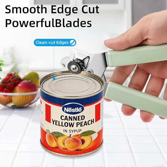 Can Opener Manual, Reinforced Blade, Effortless Knob, Non-Stick, Green | Reinforced blade, effortless knob, built-in bottle opener, non-stick hard rubber handle, smooth-edge safety cutter