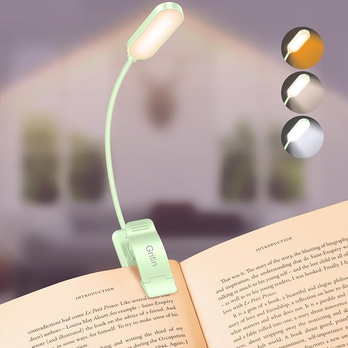 Gritin 16 LED Rechargeable Book Light for Reading in Bed | Eye Caring 3 Color Temperatures, Stepless Dimming Brightness, 80 Hrs Runtime, Lightweight Flexible Clip on Light-Cyan