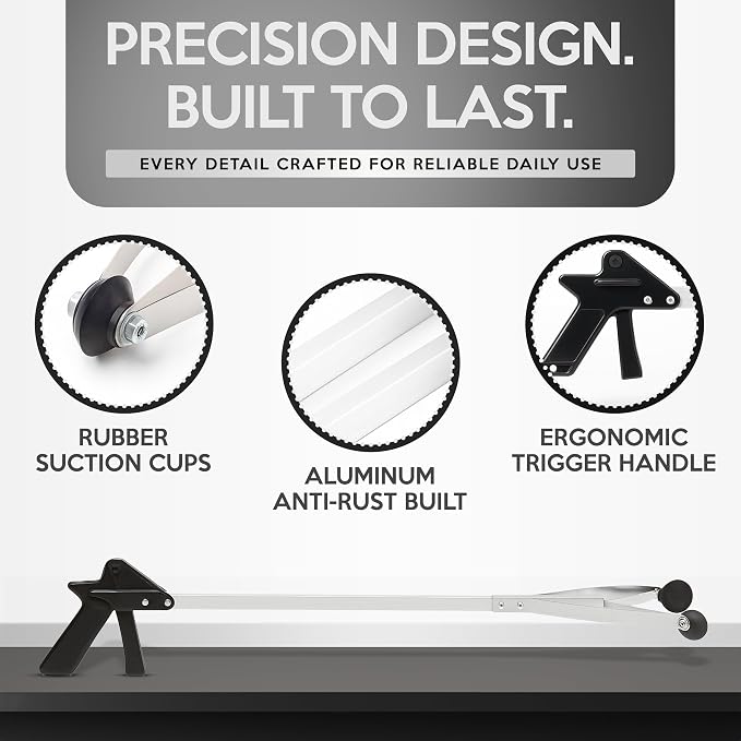 Suction Cup Grabber Reacher 32"" - Elderly Grab It Reaching Pickup Tool Heavy Duty for Seniors - Trash, Sticks, Litter Picker Upper - Extra Long Reach Handle & Handy Extension Arm Claw (2), Grey