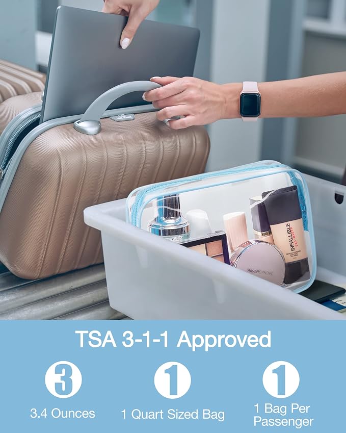 BAGSMART Clear Toiletry Bag 3-Pack TSA Approved Water-Repellent, Blue | Carry on Travel Accessories Bag, Airport Airline Quart Size Bags for Women Men, Makeup Cosmetic Bag