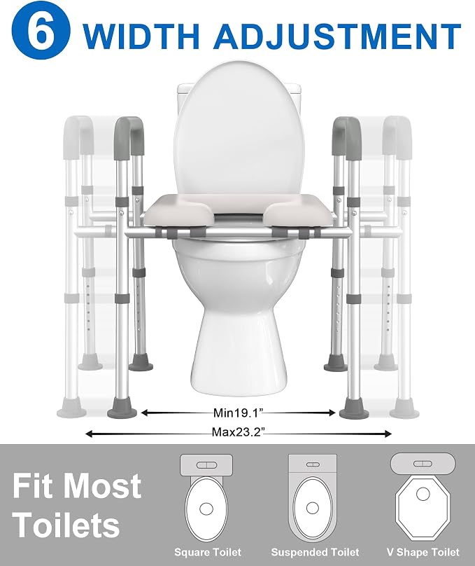 HOMLAND Toilet Seat Riser for Seniors with Adjustable Height & Width, 400lb | Padded Seat, Durable Aluminum Frame, Slip-Resistant Feet, Handicap Elevated Raised Toilet Seat for Elderly, Fit Most Toilet