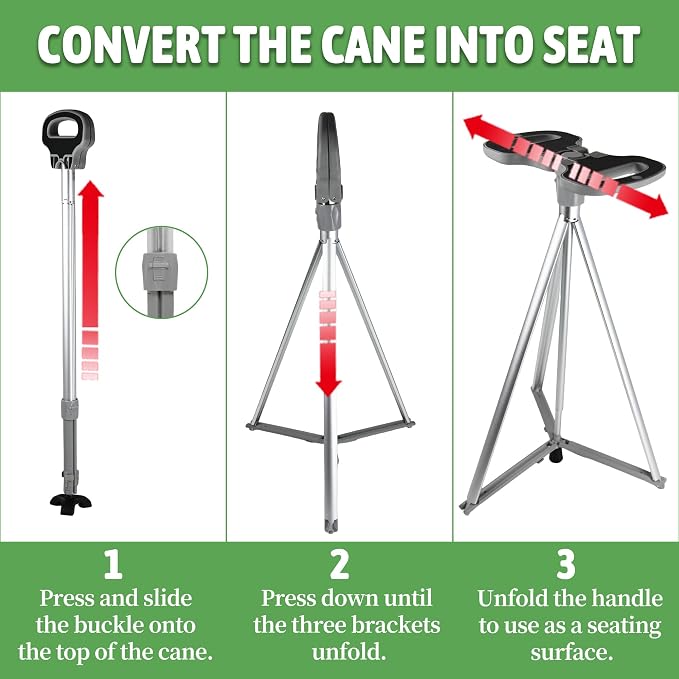 ALEVMOOM Walking Cane with Seat Folding Lightweight, 2-in-1 Cane Stool for Adults, Aluminum Walking Stick with Seat, Stick Chair Portable Stool for Senior