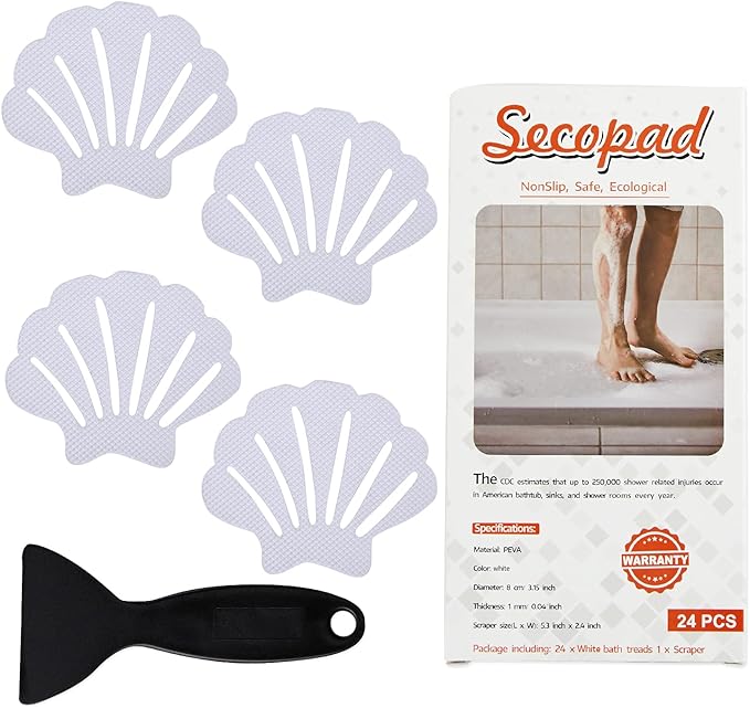 Non-Slip Bathtub Stickers, 24 PCS Shell Safety Bathroom Tubs Showers Treads Adhesive Decals Scraper (White)