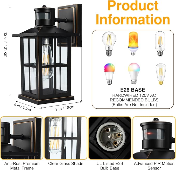 2 Pack Outdoor Motion Sensor Porch Light, Black Exterior Wall Lantern Lighting Fixtures,Dusk to Dawn Outdoor Wall Lights, Waterproof Front Porch Light Outside for Garage, Patio,House.