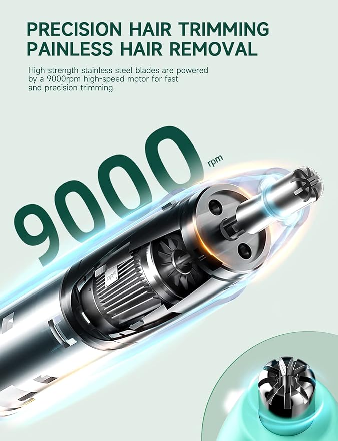 ZORAMI Rechargeable Ear and Nose Hair Trimmer - 2026 Professional Painless Eyebrow & Facial Hair Trimmer for Men Women, Powerful Motor and Dual-Edge Blades for Smoother Cutting Mint Green