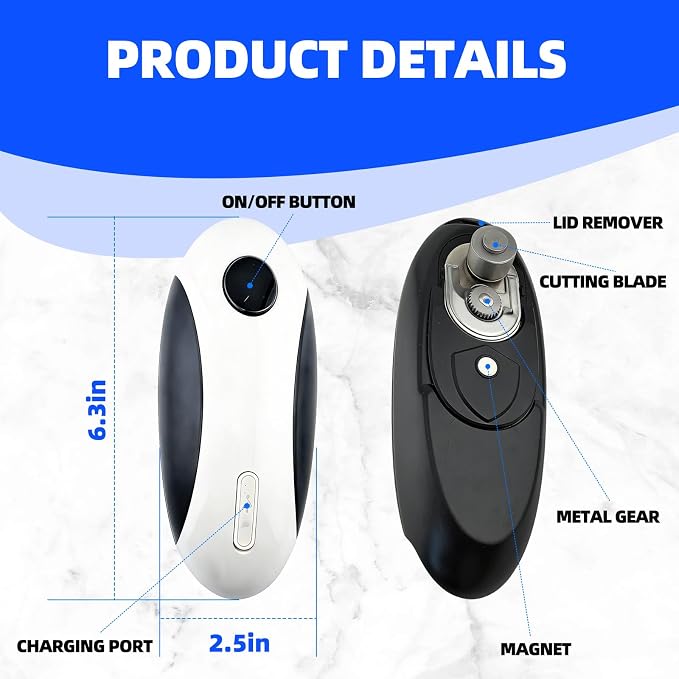 Kitchen Rechargeable Electric Can Opener, One-Touch Opening, Smooth Rim, USB-C Fast Charge, Senior Friendly, White, Hands-Free Design, Easy to Grip and Fits Most Cans