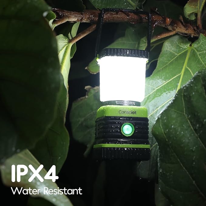 Consciot LED Battery Powered Camping Lantern, 1000LM, 4 Light Modes, IPX4 Waterproof Portable Tent Flashlight for Power Outages, Emergency, Hurricane, Hiking, Light Green, 2-Pack