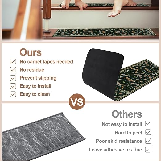 OJIA Insect Stair Treads Non Slip Stair Runners for Wooden Steps 4PC 8"x30" | Indoor Stair Runner Rubber Carpet Stair Treads for Wood Stairs Staircase Step Treads for Kids & Dogs, Stair Covers, Black