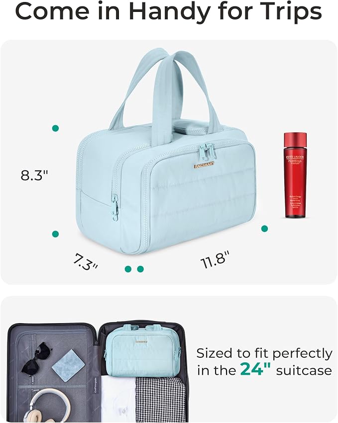 BAGSMART Travel Toiletry Bag, Crush Toiletry Bag for Women, Wide-open Puffy Toiletry Bags for Traveling, Large Travel Cosmetic Makeup Bag Organizer for Accessories,Toiletrie, Blue