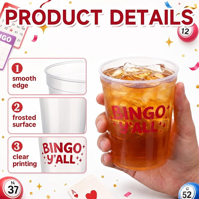 Yungyan 12 Pcs 16 oz Bingo Cups with Multicolor Funny Phrases, Frosted Reusable Plastic Party Supplies, Bingo Game Night Prizes Gifts for Family Christmas Birthday Celebration Accessories