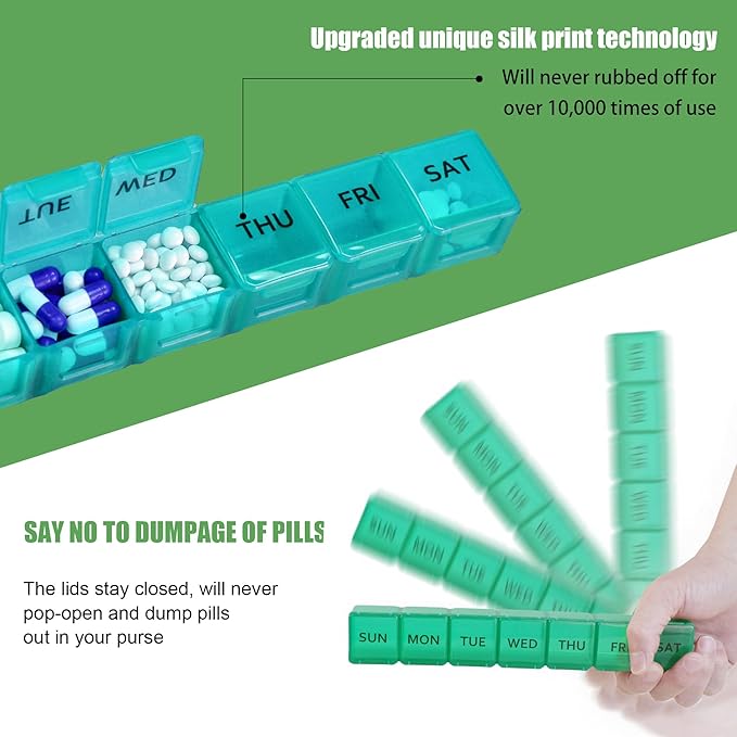 2 Pack Weekly Pill Organizer, Large 7 Day Pill Case, Daily Vitamin Case Medicine Box, AM/PM Pill Containers for Medicine Supplements Fish Oil (Blue & Green)