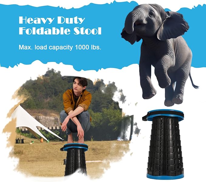 Collapsible Stool with Cushion,1000 lbs Capacity,19.7-in Adjustable Height | Wider & Taller Heavy Duty Portable Telescoping Folding Seat Chair for Adults Camping,Fishing,Travel,Queue Wait,Stadium View
